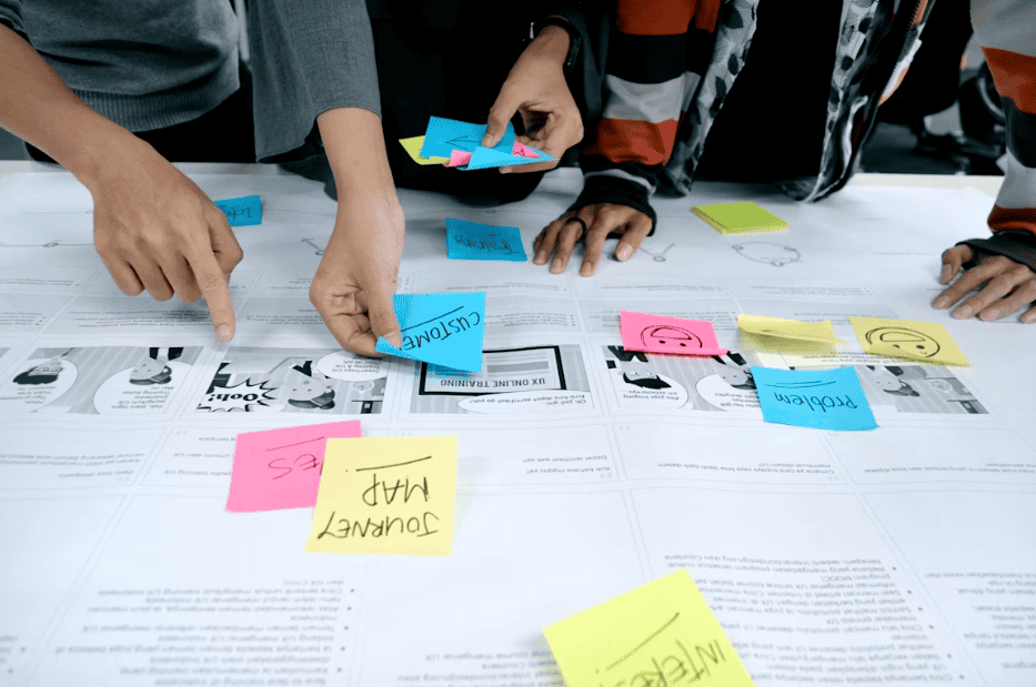 a group planning on a table with post-it notes