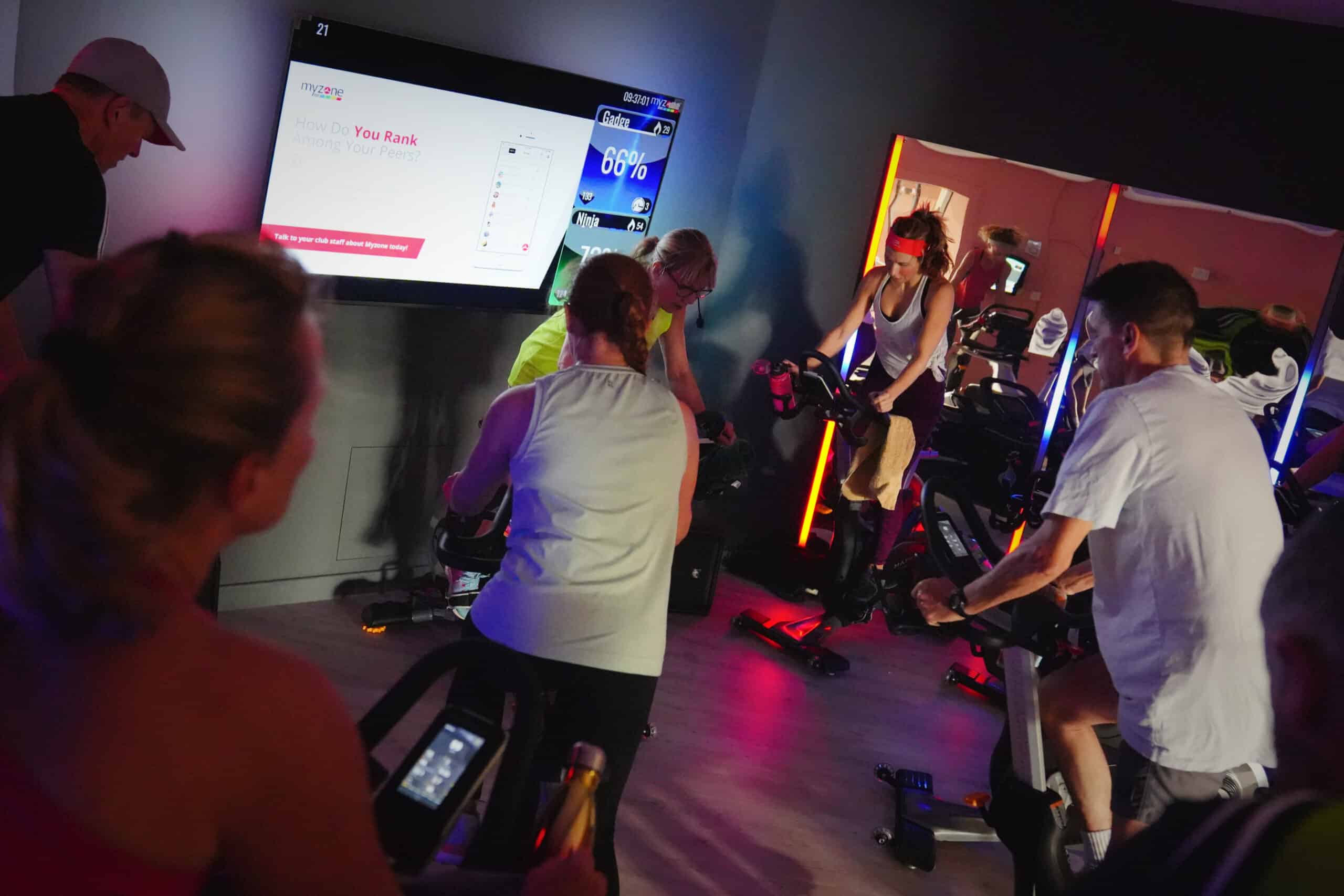 Gym members doing a spin class